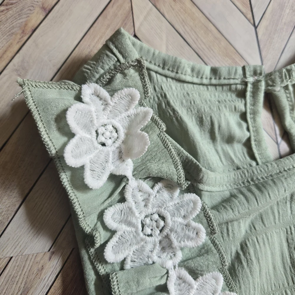 Girl's Sage Green Ruffle Dress Floral Sundress Lightweight Summer Outfit 6-7Y
